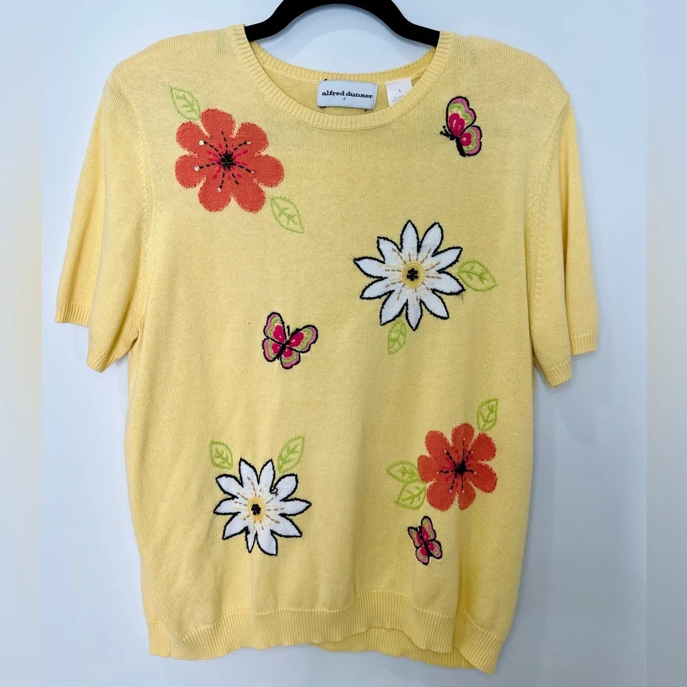 Alfred Dunner • Women’s Vintage Yellow Floral Embroidered Short Sleeve Tee Top L - Picture 2 of 9